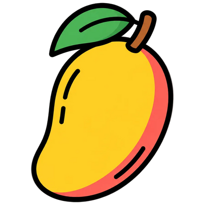 A simple cartoon-style mango illustration with a green leaf and brown stem on a transparent checkerboard background.