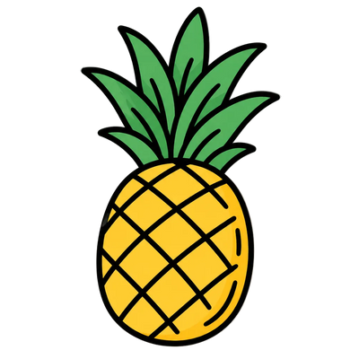 A cartoon-style pineapple illustration with a yellow body, green leaves, and black outlines on a plain white background.