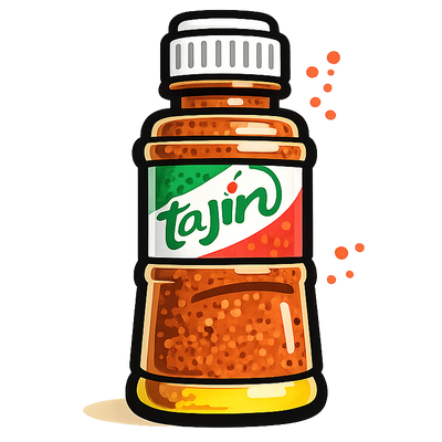 A stylized illustration of a Tajin chili powder bottle on a plain white background. The bottle contains orange-red chili powder and has a green and red label with the Tajin brand name in white script.